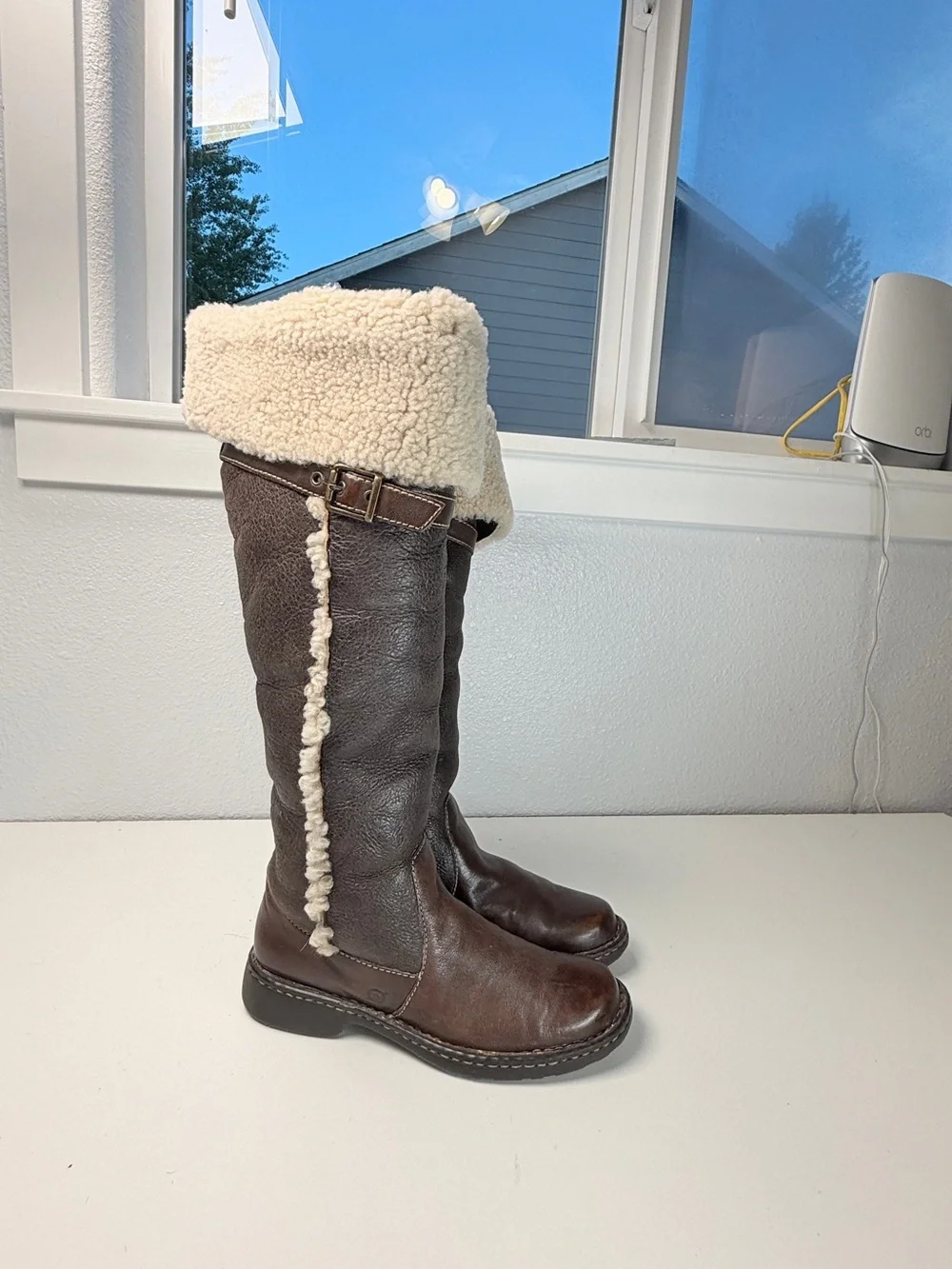 Born Leather Shearling Fold Over Tall Boots Brown Womens Size 8 EU 39